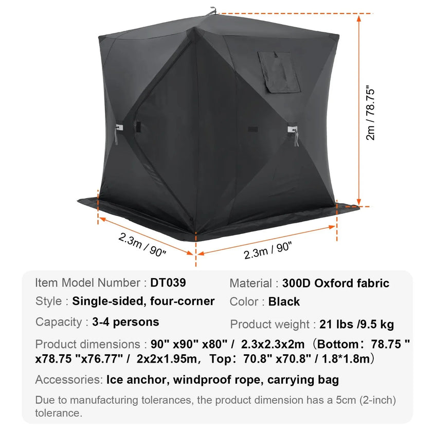 VEVOR Portable Ice Shelter, 3-4 Person Pop-Up Ice Fishing Tent, 43 Square Feet Fishable Area, Ice Shanty for Winter Fishing, Waterproof Oxford Ice Cube with Anchors/Ropes/Carrying Bag, 90