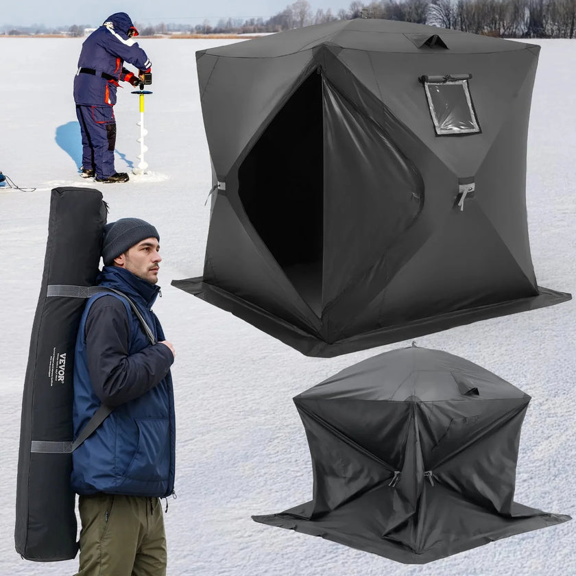 VEVOR Portable Ice Shelter, 3-4 Person Pop-Up Ice Fishing Tent, 43 Square Feet Fishable Area, Ice Shanty for Winter Fishing, Waterproof Oxford Ice Cube with Anchors/Ropes/Carrying Bag, 90
