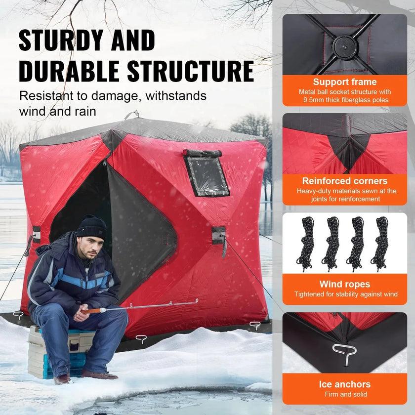 VEVOR Portable Ice Shelter, 1-2 Person Insulated Pop-Up Ice Fishing Tent, 24 Square Feet Fishable Area, Thermal Ice Shanty for Winter Fishing, Ice Cube with Anchors, Ropes, Carrying Bag, 60