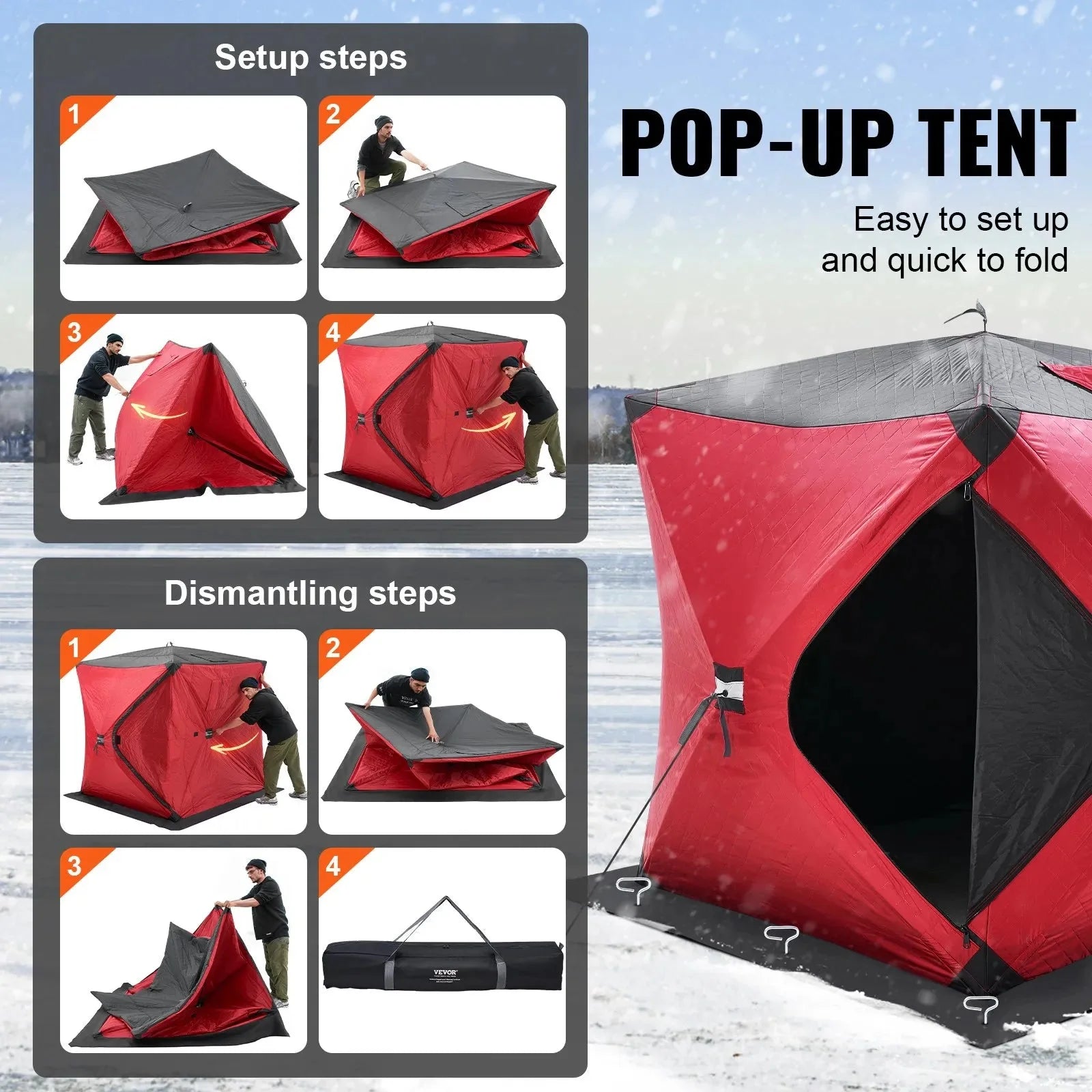 VEVOR Portable Ice Shelter, 1-2 Person Insulated Pop-Up Ice Fishing Tent, 24 Square Feet Fishable Area, Thermal Ice Shanty for Winter Fishing, Ice Cube with Anchors, Ropes, Carrying Bag, 60