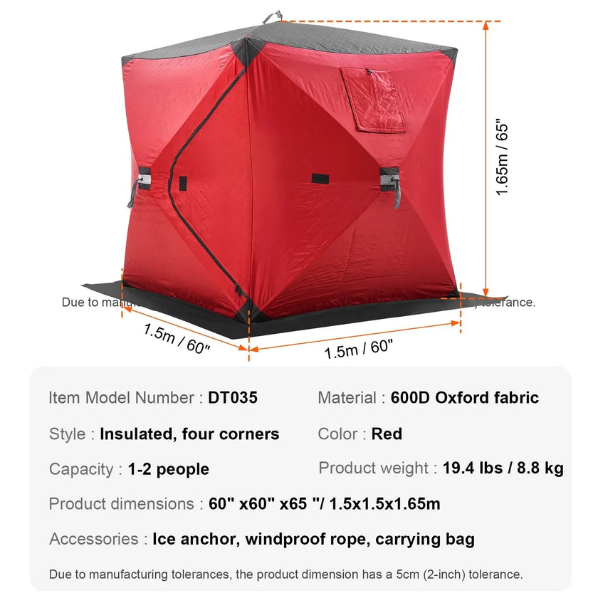 VEVOR Portable Ice Shelter, 1-2 Person Insulated Pop-Up Ice Fishing Tent, 24 Square Feet Fishable Area, Thermal Ice Shanty for Winter Fishing, Ice Cube with Anchors, Ropes, Carrying Bag, 60