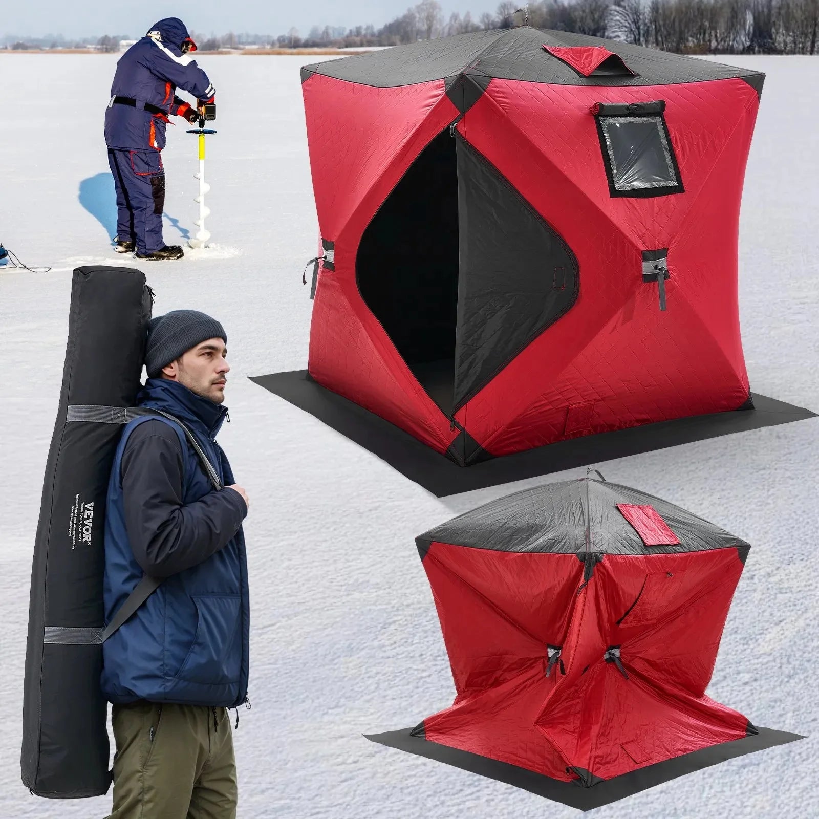 VEVOR Portable Ice Shelter, 1-2 Person Insulated Pop-Up Ice Fishing Tent, 24 Square Feet Fishable Area, Thermal Ice Shanty for Winter Fishing, Ice Cube with Anchors, Ropes, Carrying Bag, 60