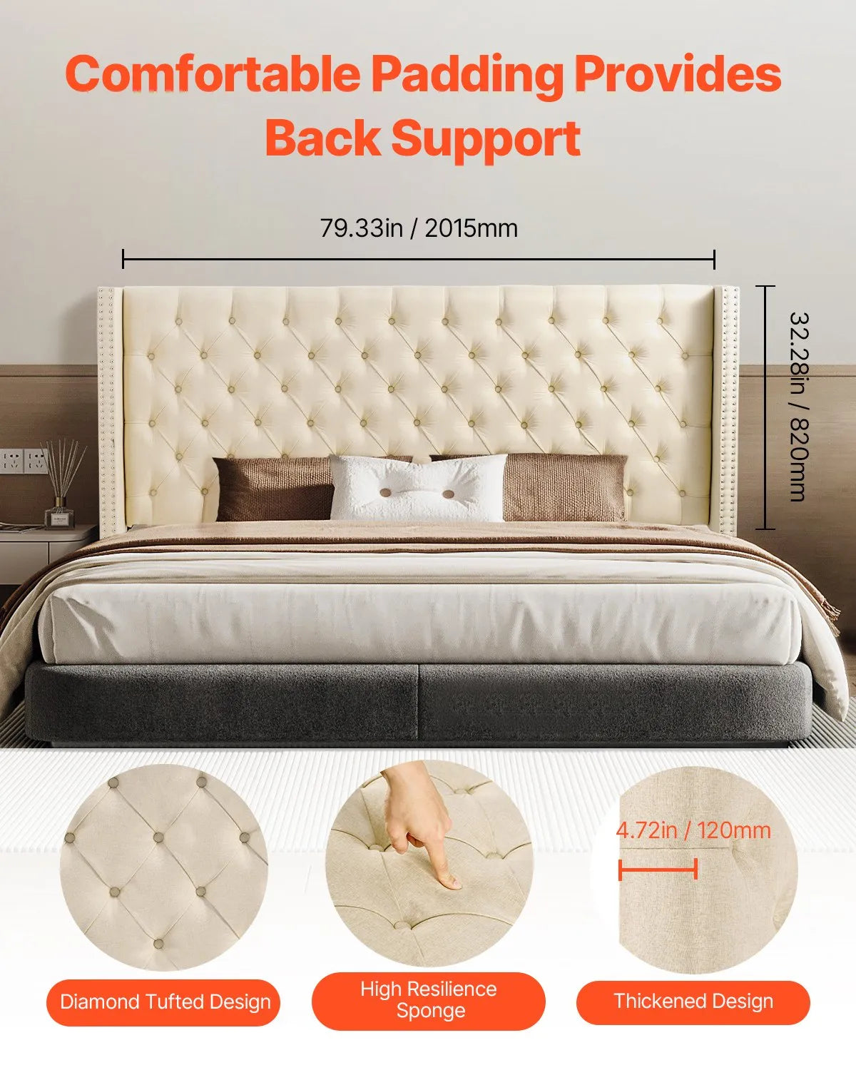 VEVOR Headboard for King Size Bed with Adjustable Height Sponge & Fabric Cream