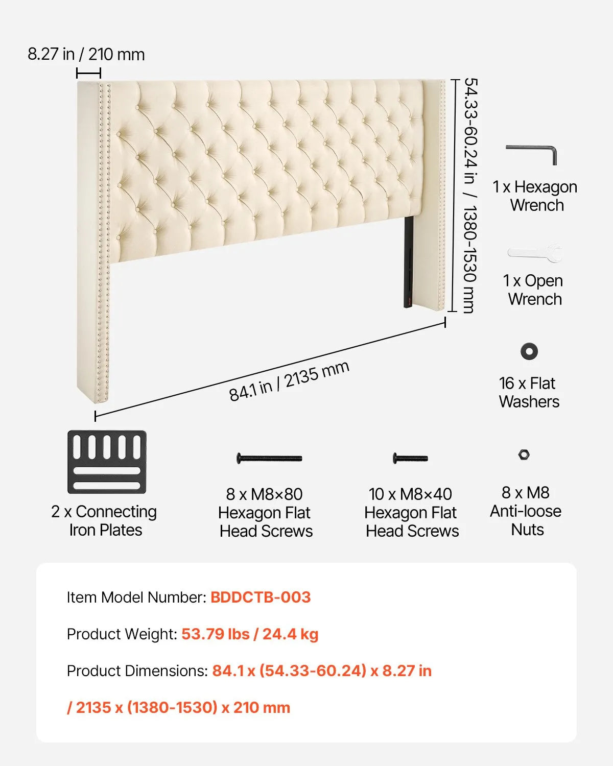 VEVOR Headboard for King Size Bed with Adjustable Height Sponge & Fabric Cream