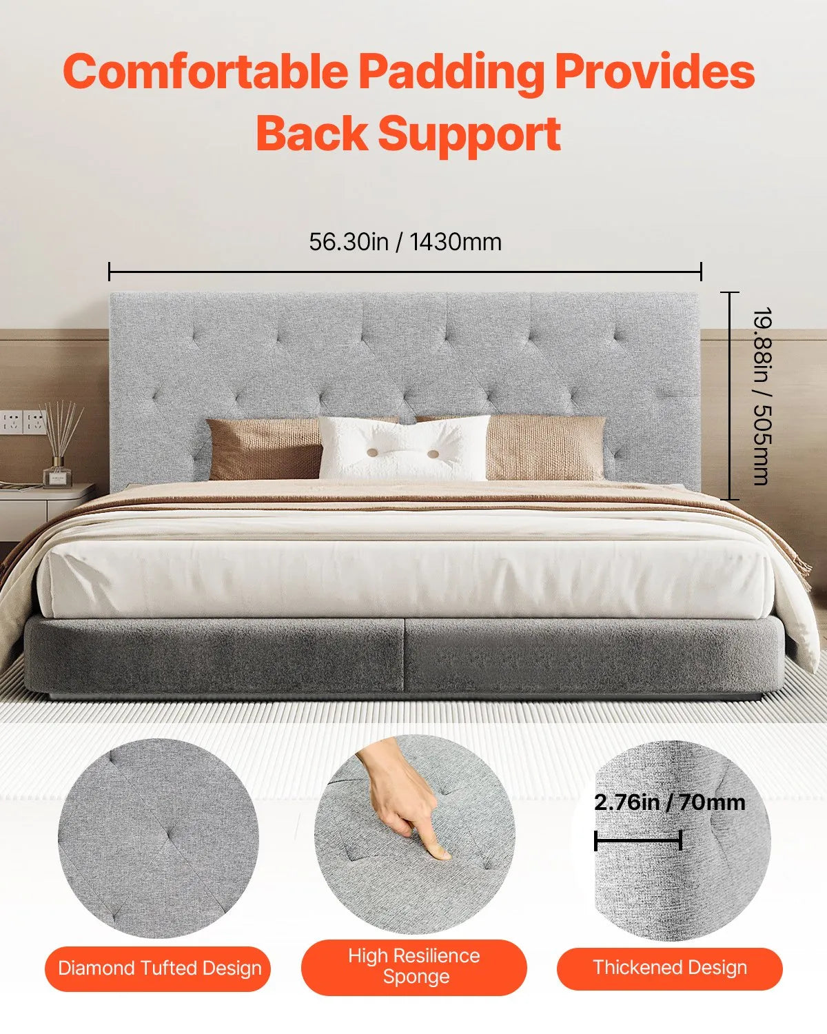 VEVOR Headboard for Full Size Bed with Adjustable Height Sponge & Fabric Grey