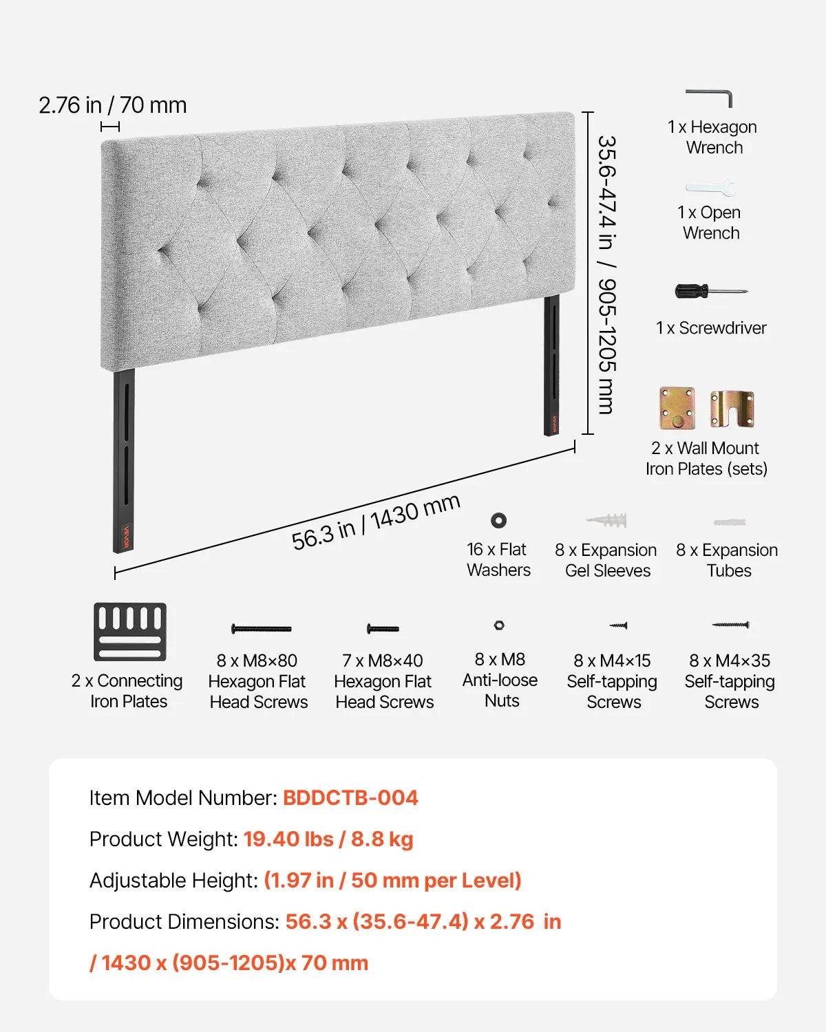 VEVOR Headboard for Full Size Bed with Adjustable Height Sponge & Fabric Grey
