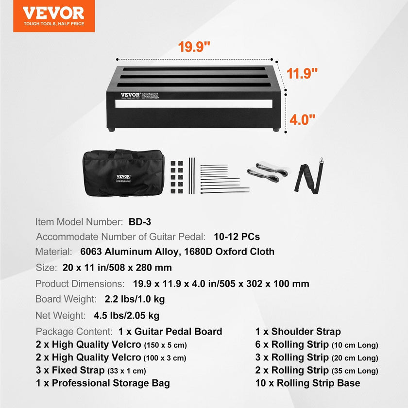VEVOR Guitar Pedal Board, 20'' x 11'', Aluminum Alloy 2.2 lbs Super Light Guitar Effects PedalBoard, with Carry Bag Tape Fixed Strap Shoulder Strap Rolling Strips, Accommodate 10-12 Guitar Pedals