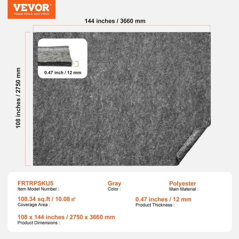 VEVOR Rug Pad Gripper 9' x 12' Protective Carpet Pad 0.47