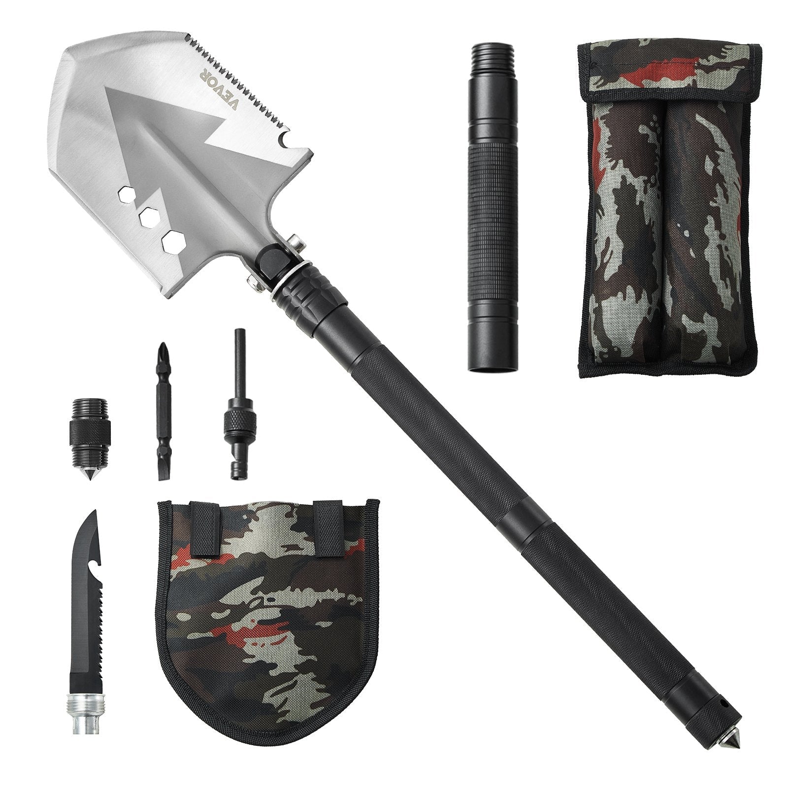 VEVOR Survival Shovel 8 in 1 Camping Shovel Folding Multitool Portable Compact