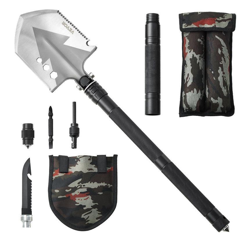 VEVOR Survival Shovel 8 in 1 Camping Shovel Folding Multitool Portable Compact