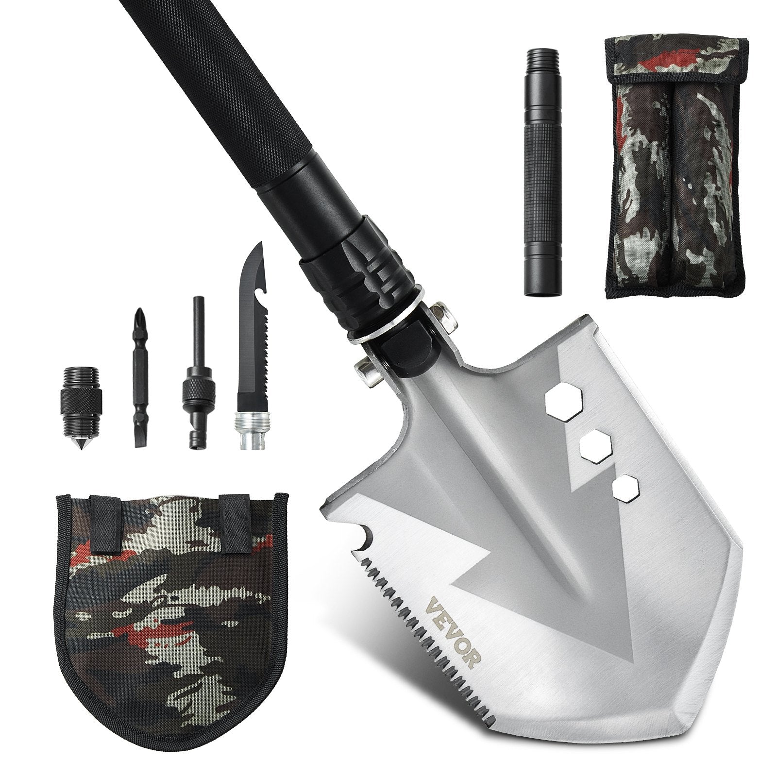 VEVOR Survival Shovel 8 in 1 Camping Shovel Folding Multitool Portable Compact