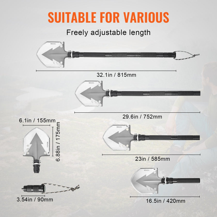 VEVOR Survival Shovel 11 in 1 Camping Shovel Folding Multitool Portable Compact
