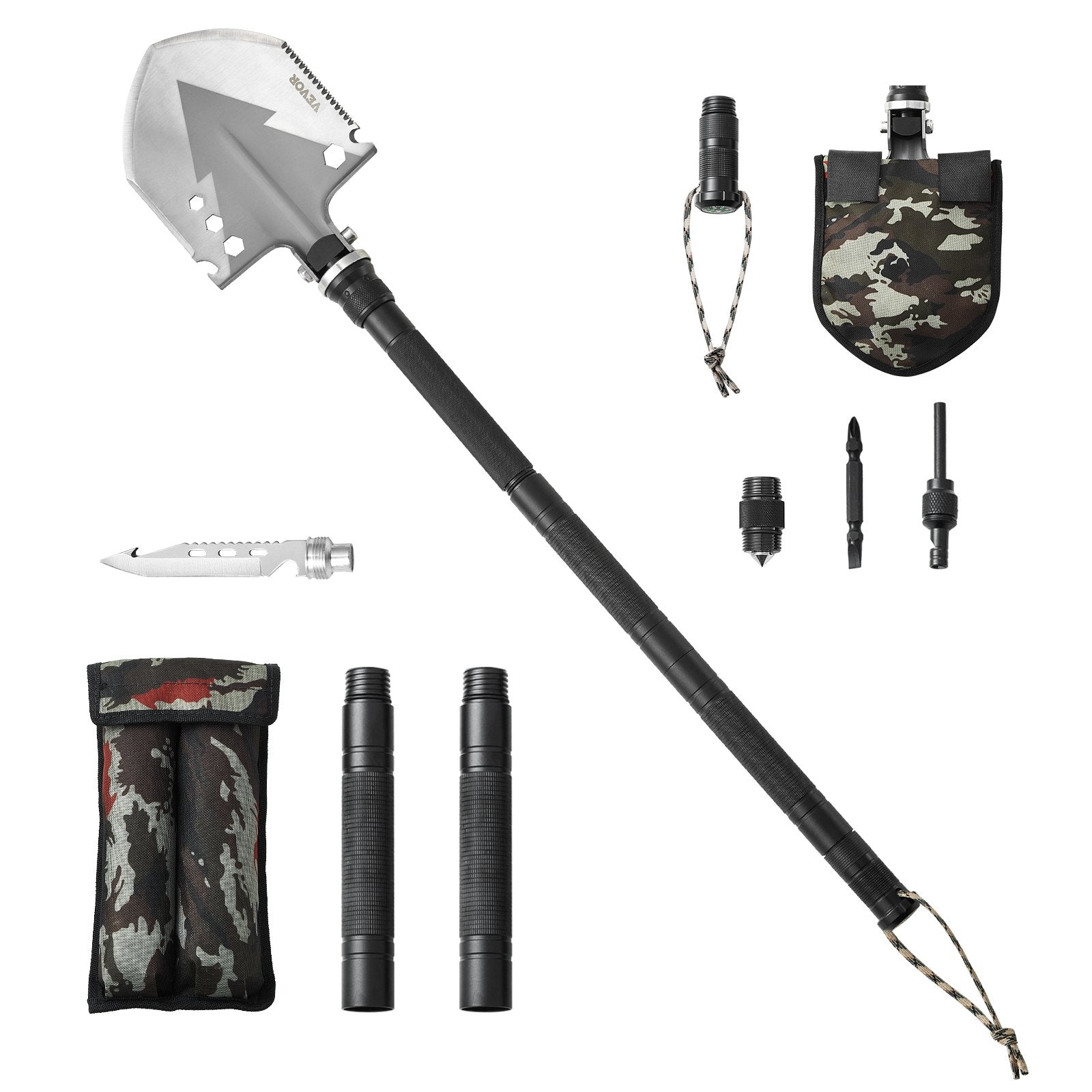 VEVOR Survival Shovel 11 in 1 Camping Shovel Folding Multitool Portable Compact