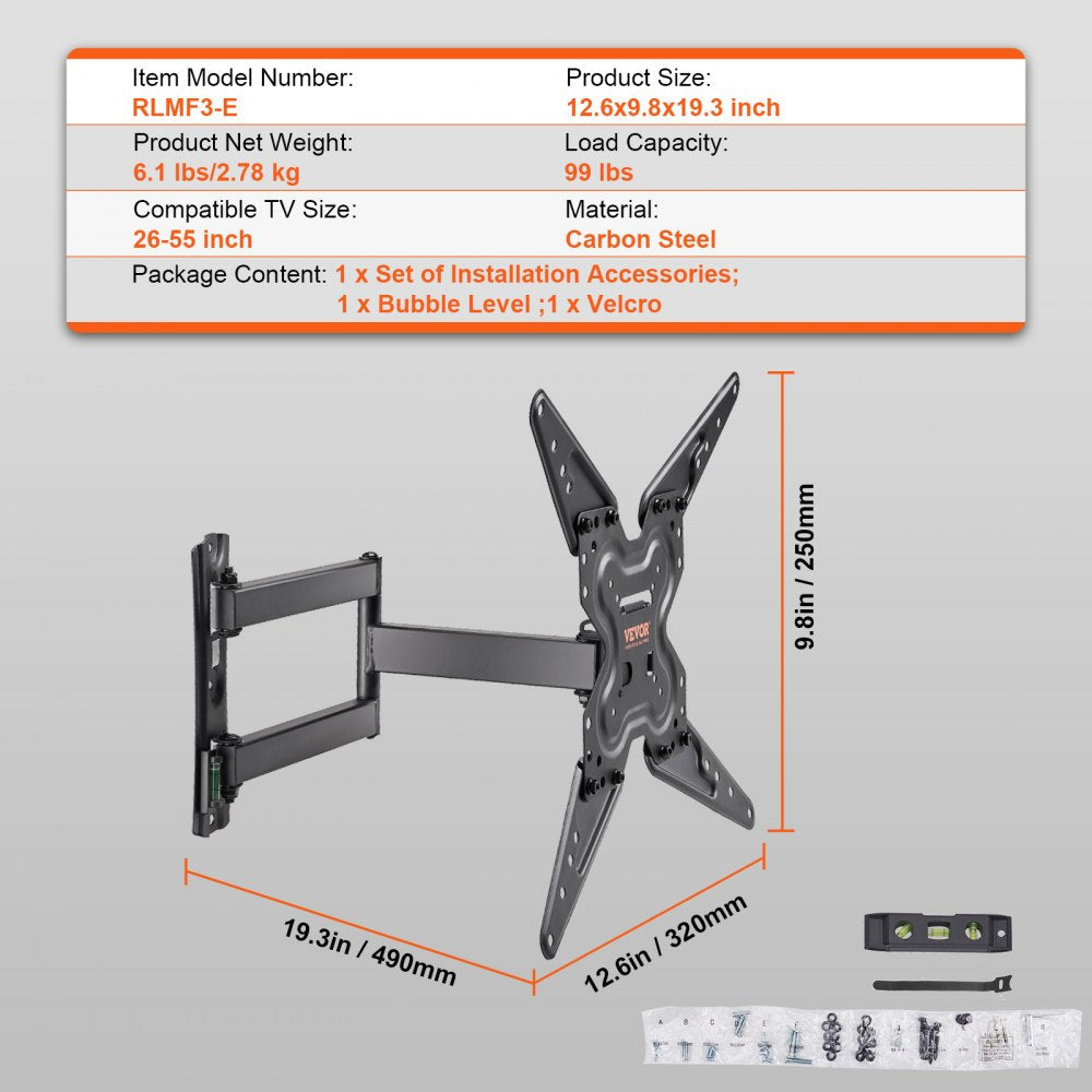 VEVOR Full Motion TV Mount Fits for Most 26-55 inch TVs, Swivel Tilt Horizontal Adjustment TV Wall Mount Bracket with Articulating Arm, Max VESA 400x400mm , Holds up to 99 lbs