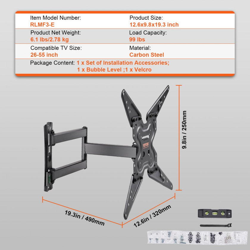 VEVOR Full Motion TV Mount Fits for Most 26-55 inch TVs, Swivel Tilt Horizontal Adjustment TV Wall Mount Bracket with Articulating Arm, Max VESA 400x400mm , Holds up to 99 lbs
