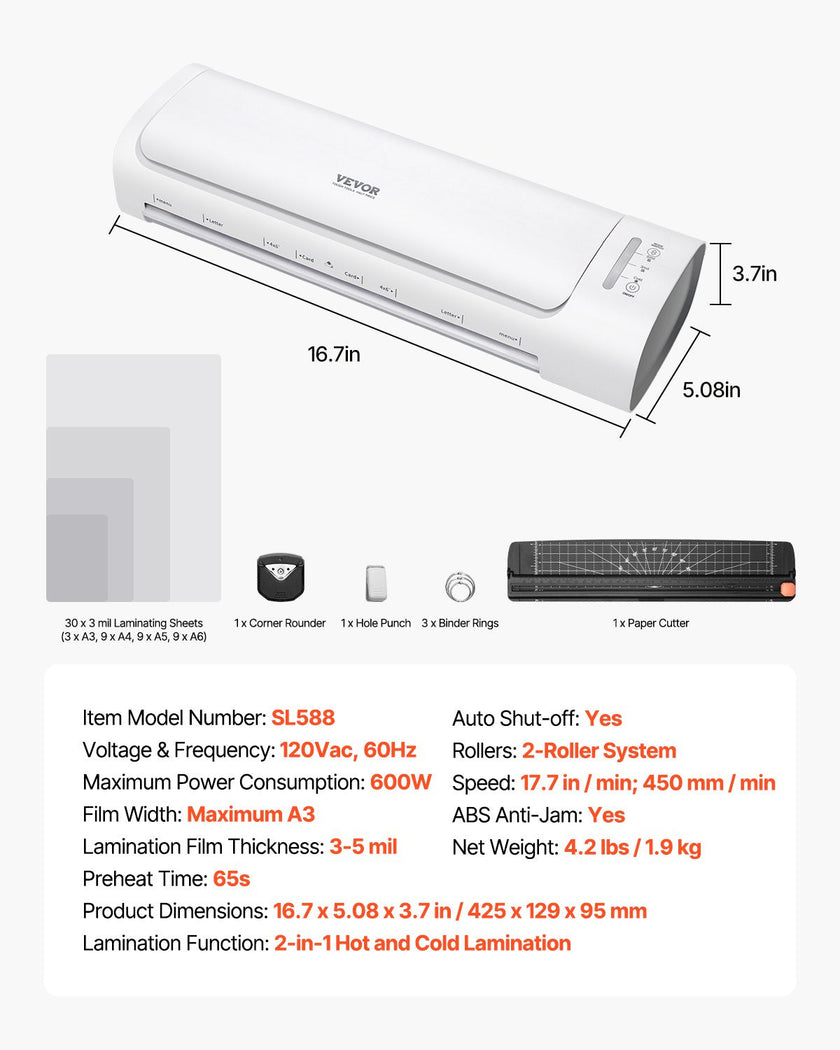 VEVOR Laminator Machine Cold & Hot Laminator for Max A3 Size 3-5 mil Thickness