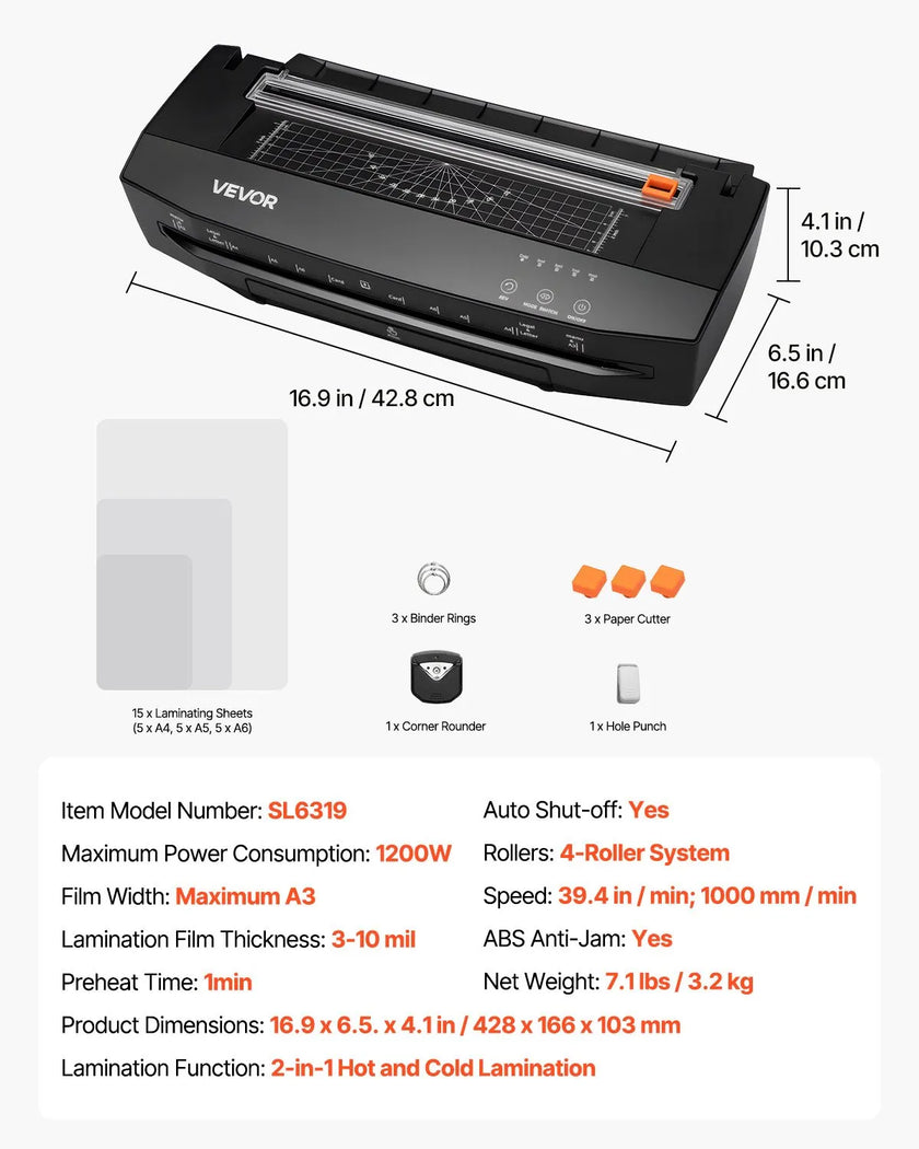 VEVOR Laminator Machine Cold & Hot Laminator for Max A3 Size 3-10 mil Thickness