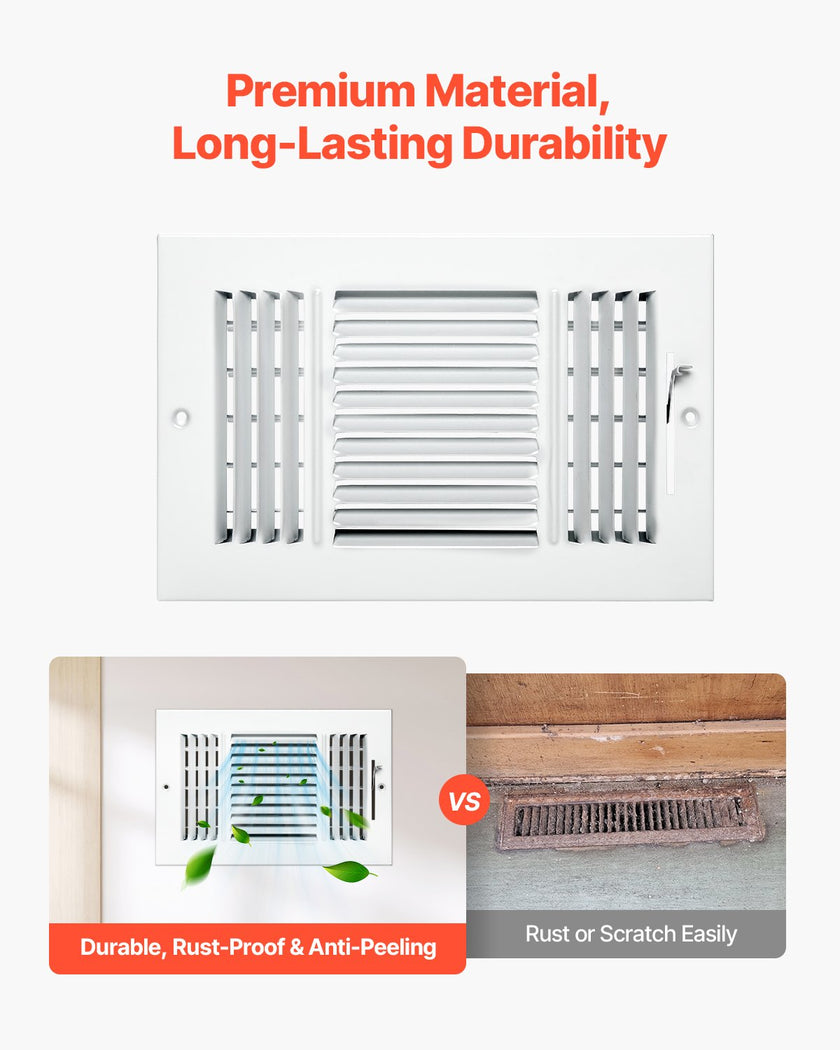 VEVOR Floor Registers 3-Way 6x10 Inch Iron Floor Vents HVAC Grilles 6-Pack White