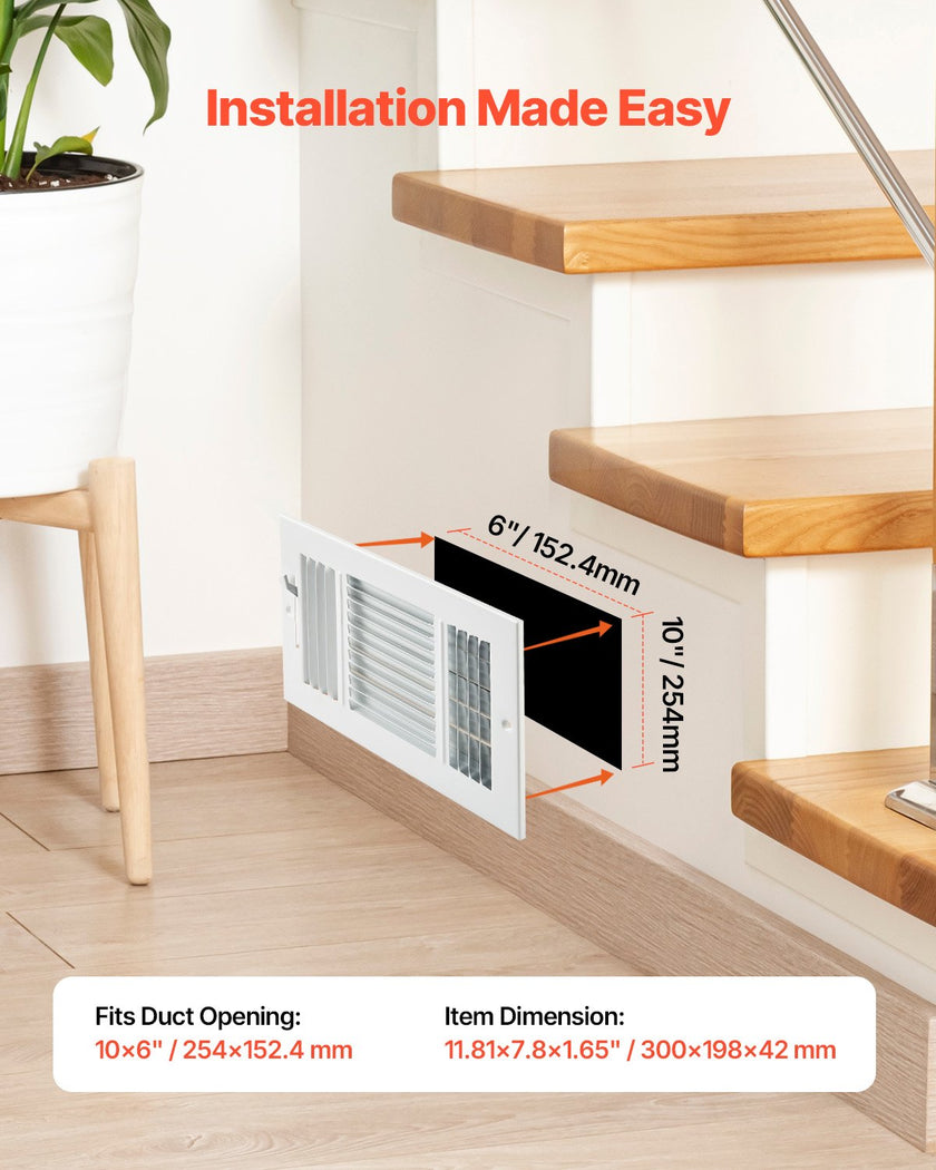 VEVOR Floor Registers 3-Way 6x10 Inch Iron Floor Vents HVAC Grilles 6-Pack White