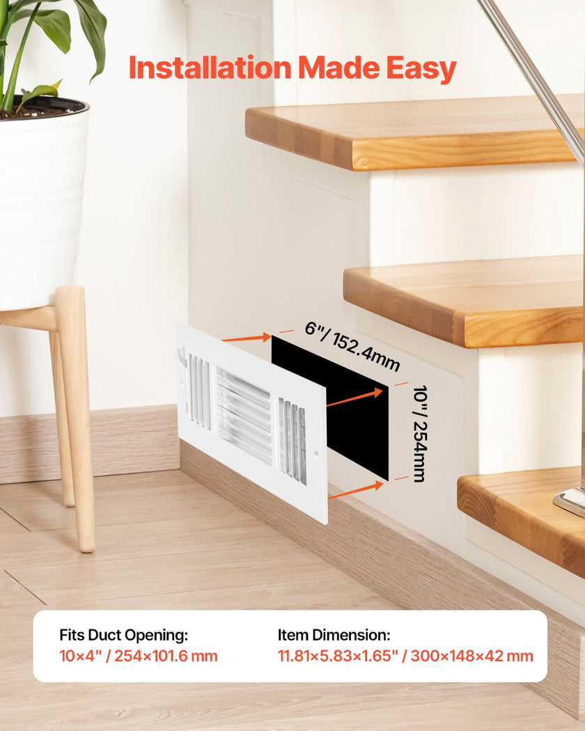 VEVOR Floor Registers 3-Way 4x10 Inch Iron Floor Vents HVAC Grilles 6-Pack White