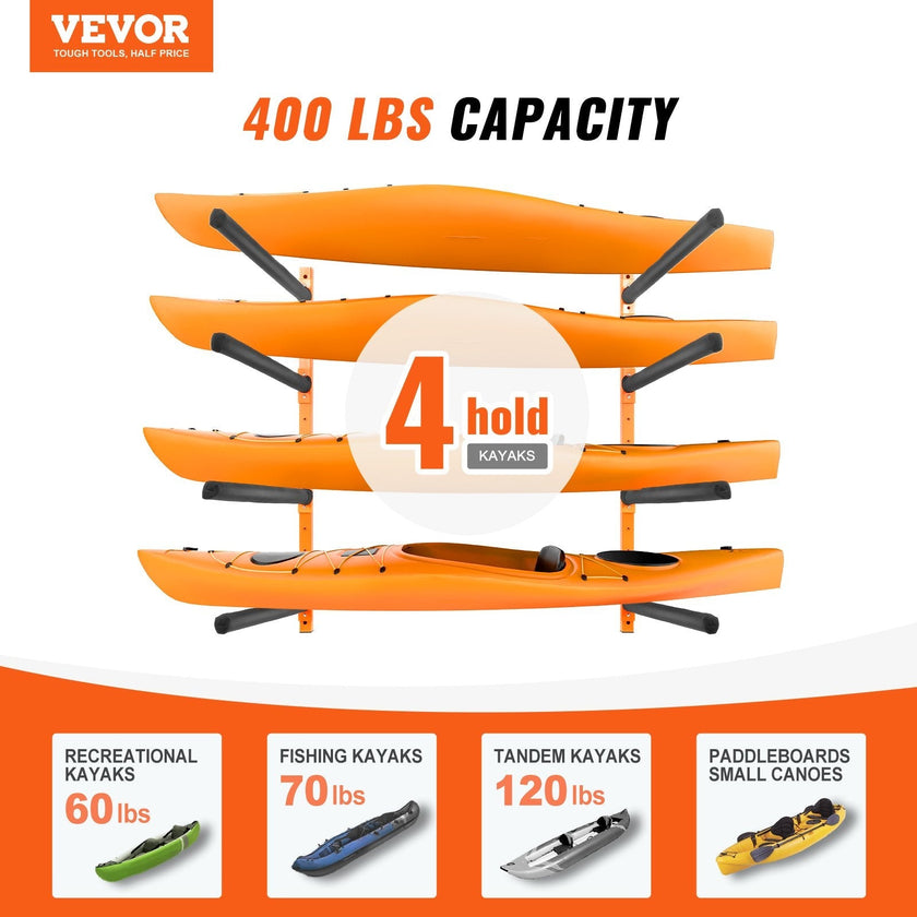 VEVOR Wall Kayak Storage Rack, 4-Capacity Wall Mounted Kayak Holders for Kayak Canoe Paddle Board, Kayak Storage Hooks with Adjustable Padded Arms, 400 LBS Load Kayak Hanger for Indoor Outdoor Garage