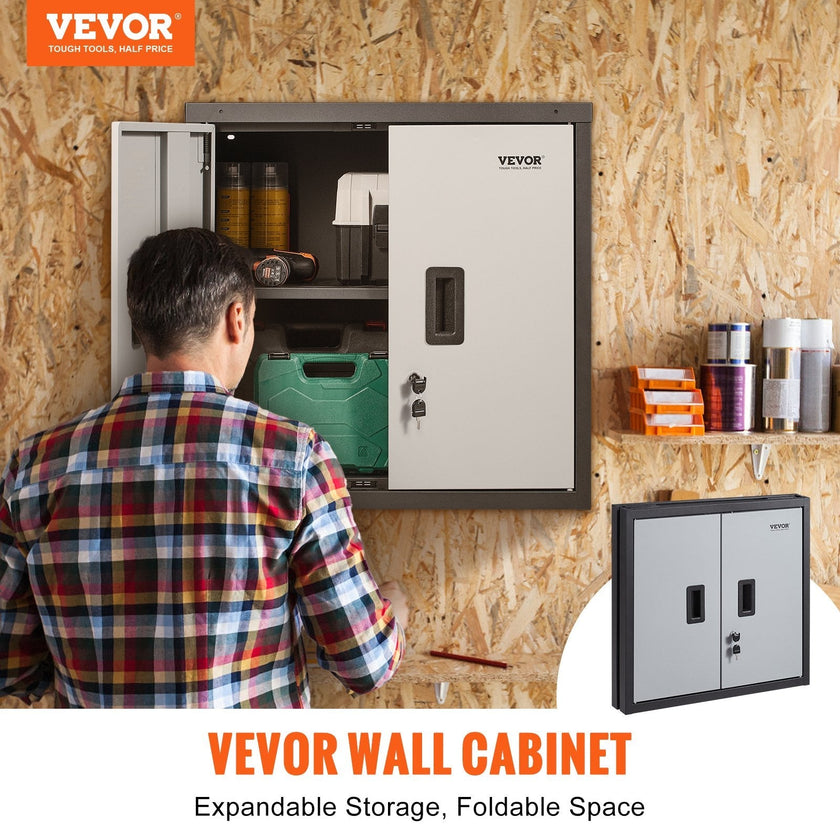 VEVOR Foldable Wall Cabinet, Metal Garage Cabinet Wall Mounted 26” Small Cabinet 240 LBS Loading Capacity Adjustable Shelf Magnetic Door File Locker for Garage Office Home Black