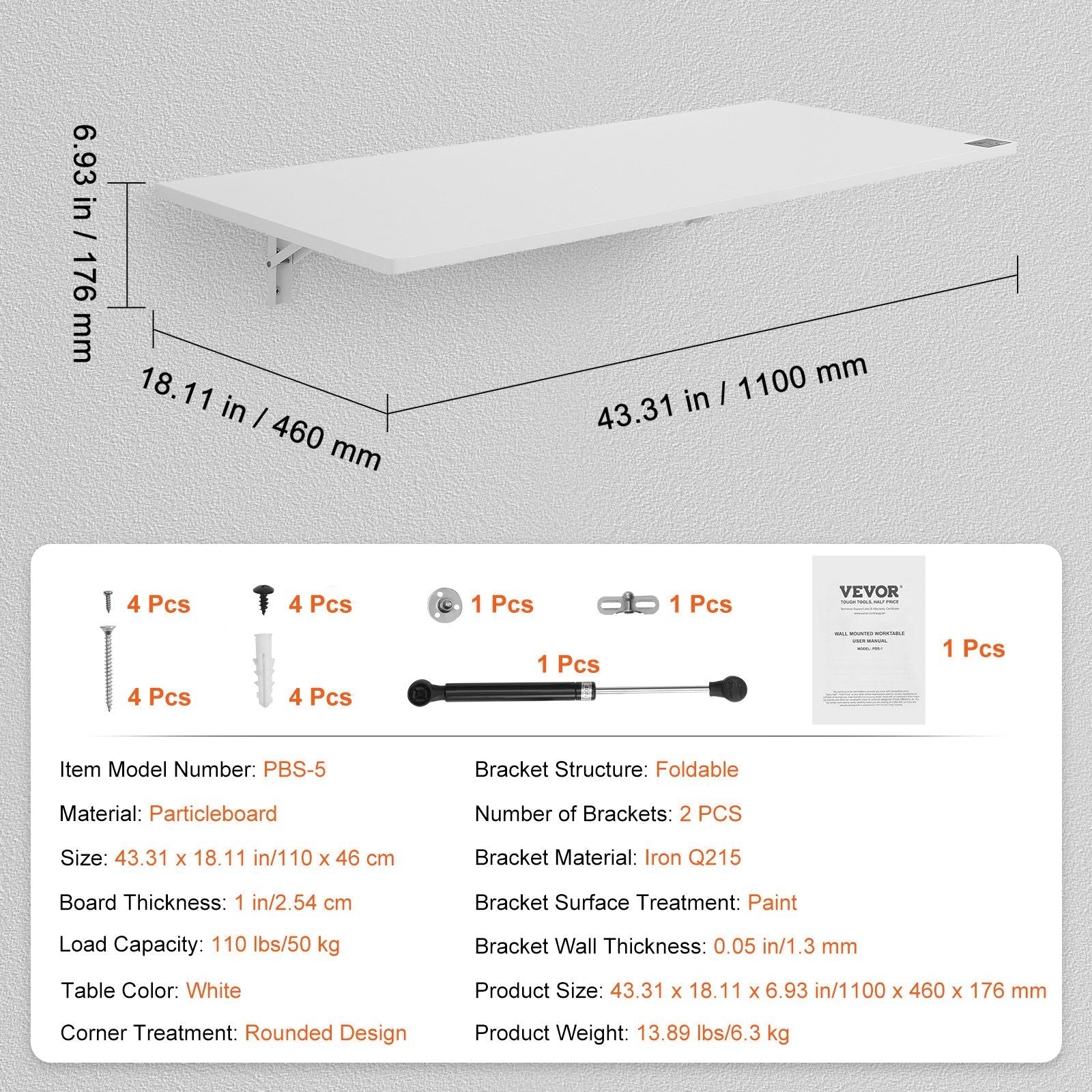 VEVOR Wall Mounted Folding Table, 43.31
