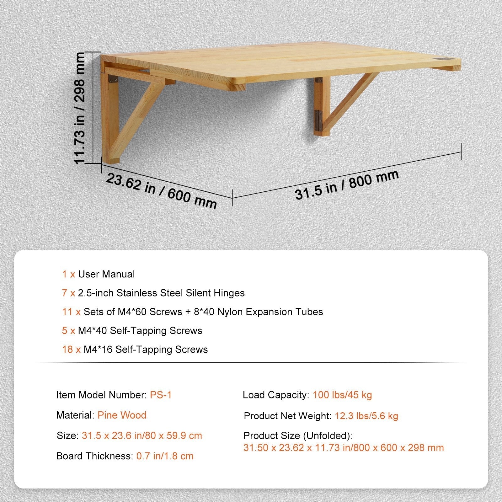 VEVOR Wall Mounted Folding Table, 31.5