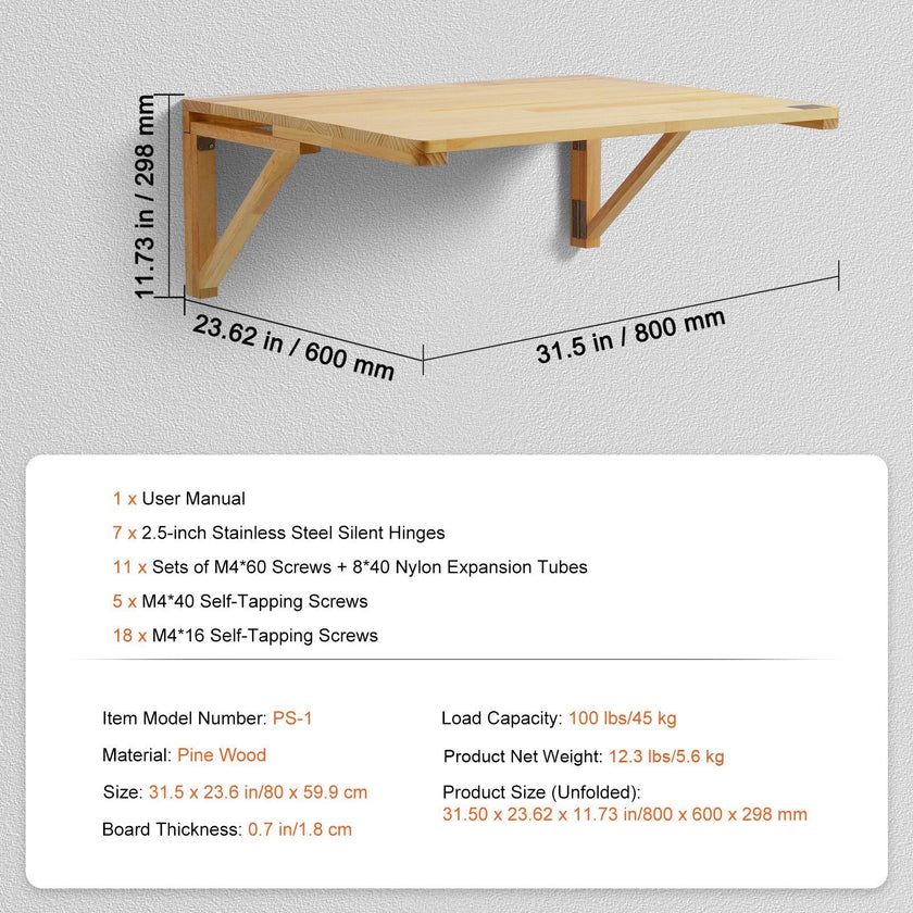 VEVOR Wall Mounted Folding Table, 31.5