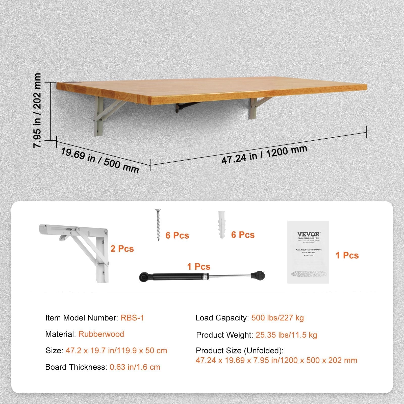 VEVOR Wall Mounted Folding Table, 47.24