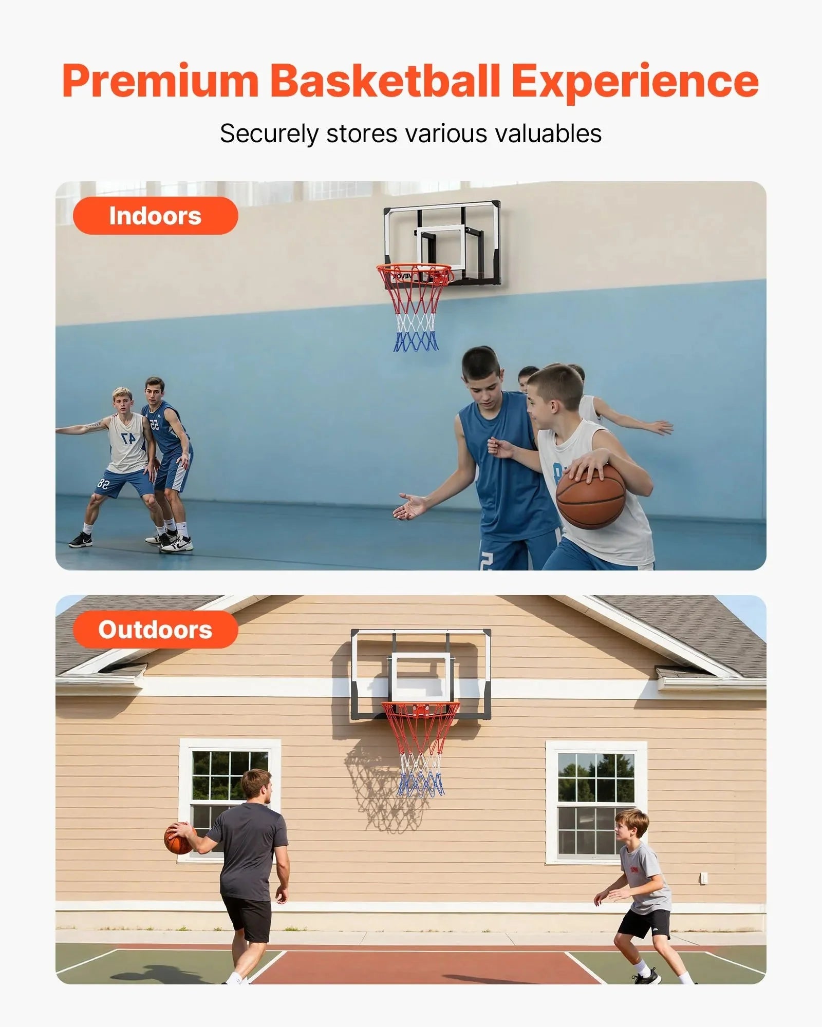 VEVOR Wall Mount Basketball Hoop, 44-inch PC Backboard Mounted Basketball Hoop Outdoor with Solid Steel, 0.08 inch Thickened Backboard, Thickened Woven Nylon Basketballs Net, Indoor & Outdoor Use