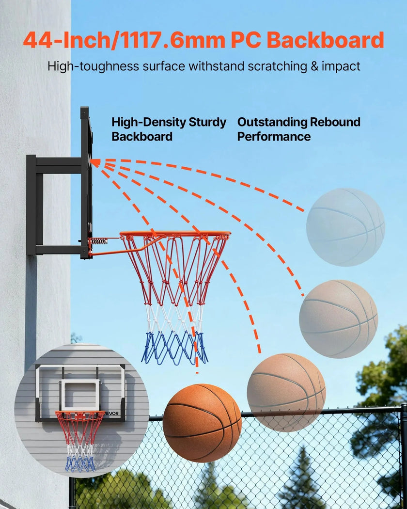 VEVOR Wall Mount Basketball Hoop, 44-inch PC Backboard Mounted Basketball Hoop Outdoor with Solid Steel, 0.08 inch Thickened Backboard, Thickened Woven Nylon Basketballs Net, Indoor & Outdoor Use