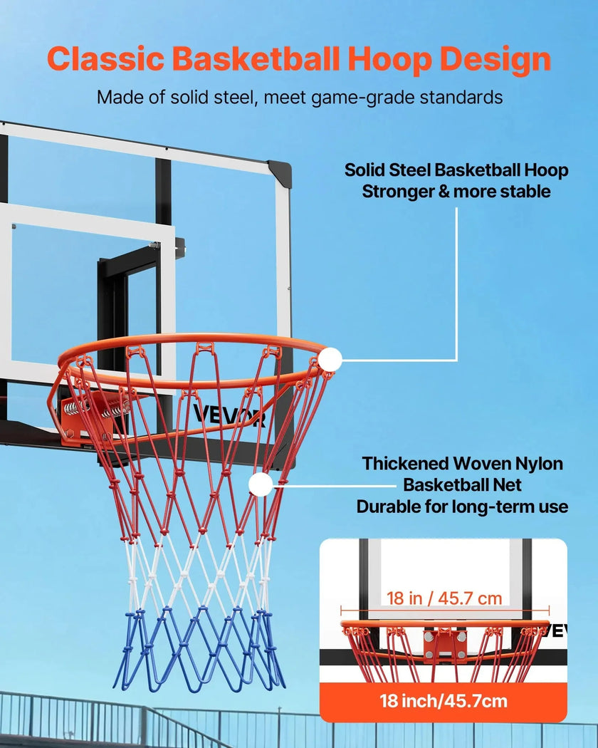 VEVOR Wall Mount Basketball Hoop, 44-inch PC Backboard Mounted Basketball Hoop Outdoor with Solid Steel, 0.08 inch Thickened Backboard, Thickened Woven Nylon Basketballs Net, Indoor & Outdoor Use