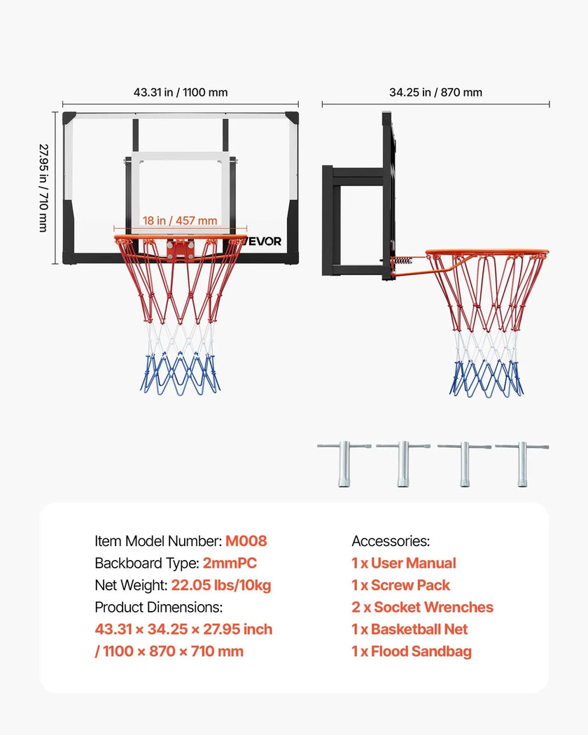 VEVOR Wall Mount Basketball Hoop, 44-inch PC Backboard Mounted Basketball Hoop Outdoor with Solid Steel, 0.08 inch Thickened Backboard, Thickened Woven Nylon Basketballs Net, Indoor & Outdoor Use
