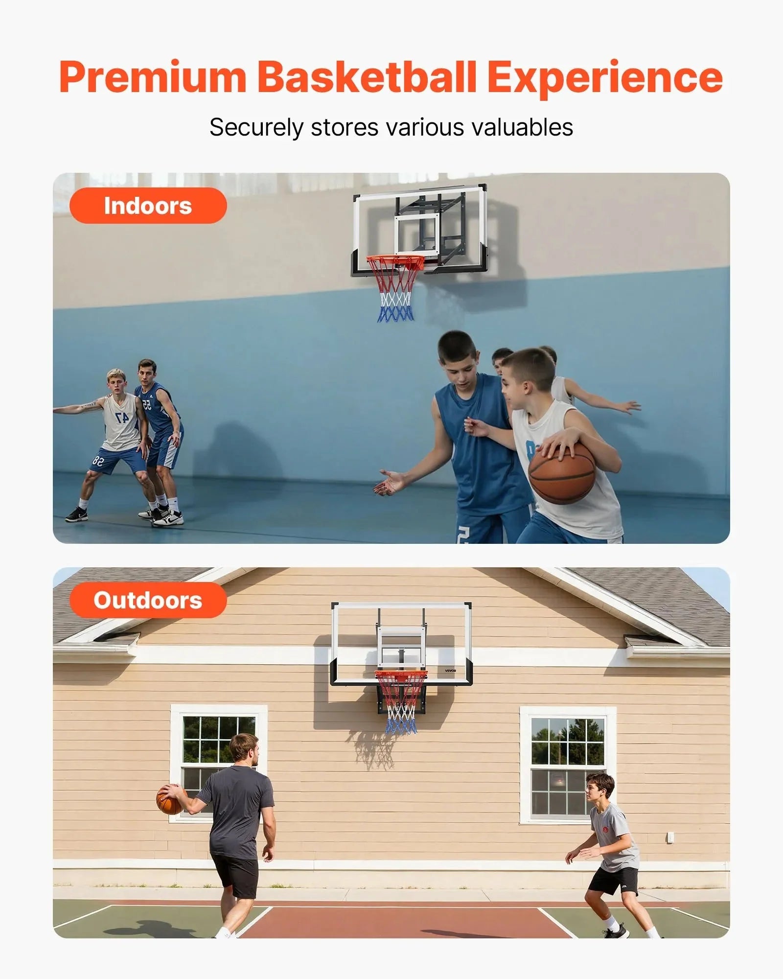 VEVOR Wall Mount Basketball Hoop, 54-inch PC Backboard Mounted Basketball Hoop Outdoor with Hand-Crank Adjustment, 0.11 inch Thickened Backboard, Classic Basketballs Hoops Design, Indoor & Outdoor Use