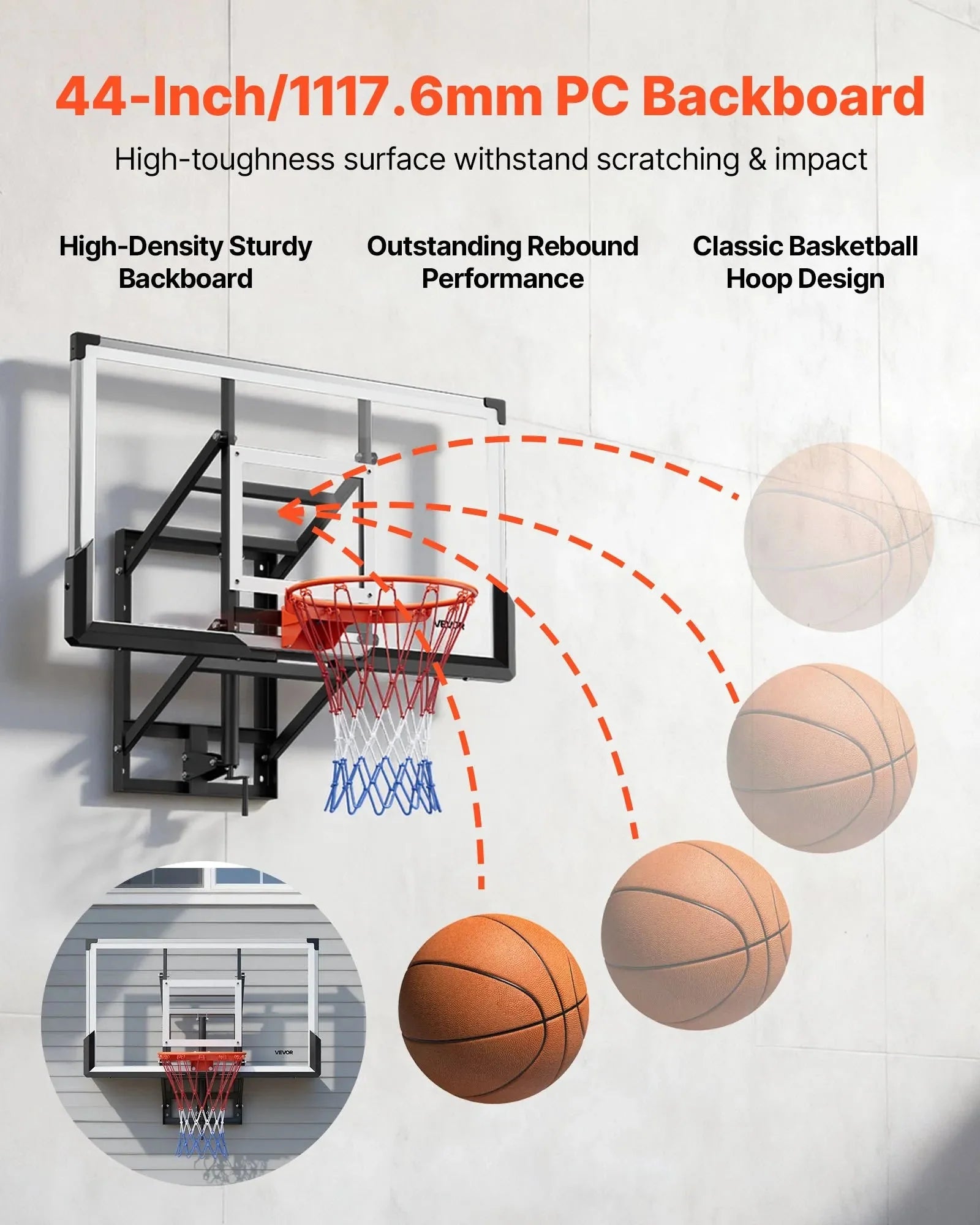 VEVOR Wall Mount Basketball Hoop, 54-inch PC Backboard Mounted Basketball Hoop Outdoor with Hand-Crank Adjustment, 0.11 inch Thickened Backboard, Classic Basketballs Hoops Design, Indoor & Outdoor Use