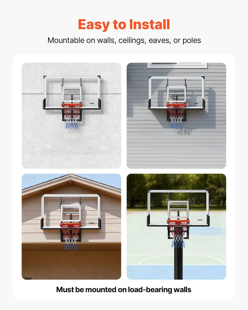 VEVOR Wall Mount Basketball Hoop, 54-inch PC Backboard Mounted Basketball Hoop Outdoor with Hand-Crank Adjustment, 0.11 inch Thickened Backboard, Classic Basketballs Hoops Design, Indoor & Outdoor Use