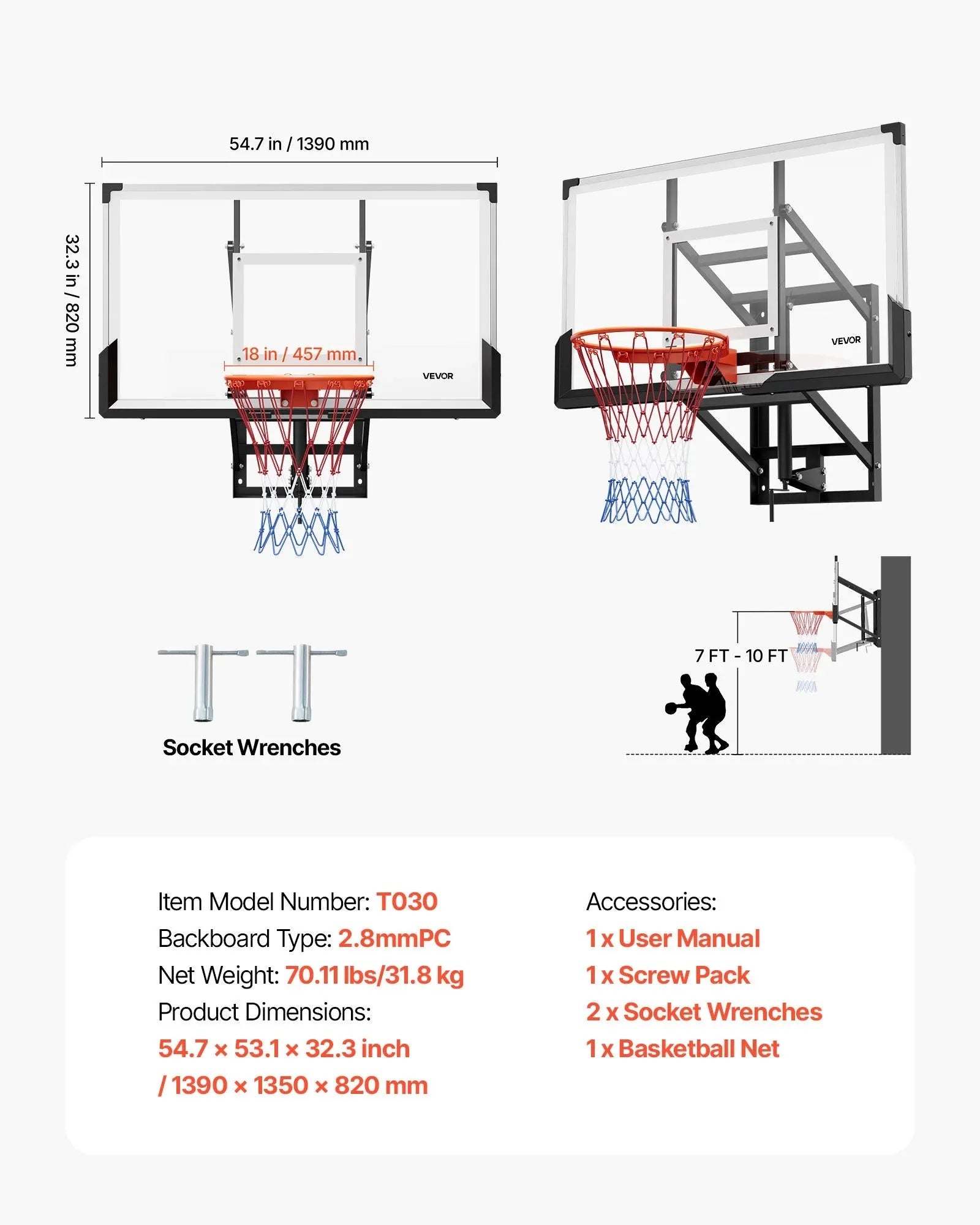 VEVOR Wall Mount Basketball Hoop, 54-inch PC Backboard Mounted Basketball Hoop Outdoor with Hand-Crank Adjustment, 0.11 inch Thickened Backboard, Classic Basketballs Hoops Design, Indoor & Outdoor Use
