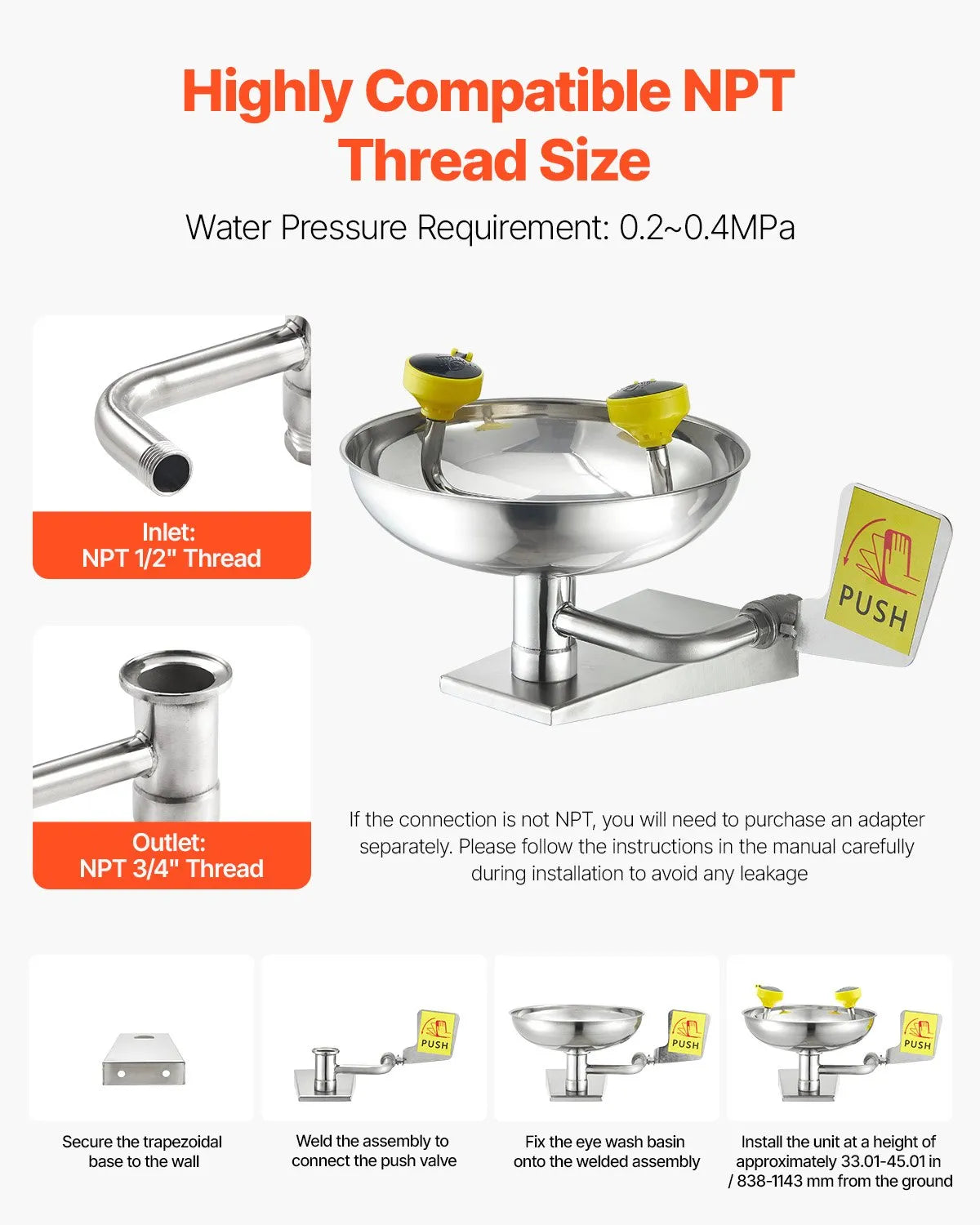 VEVOR Eyewash Emergency Face Eye Washing Station Stainless Steel Wall-Mounted