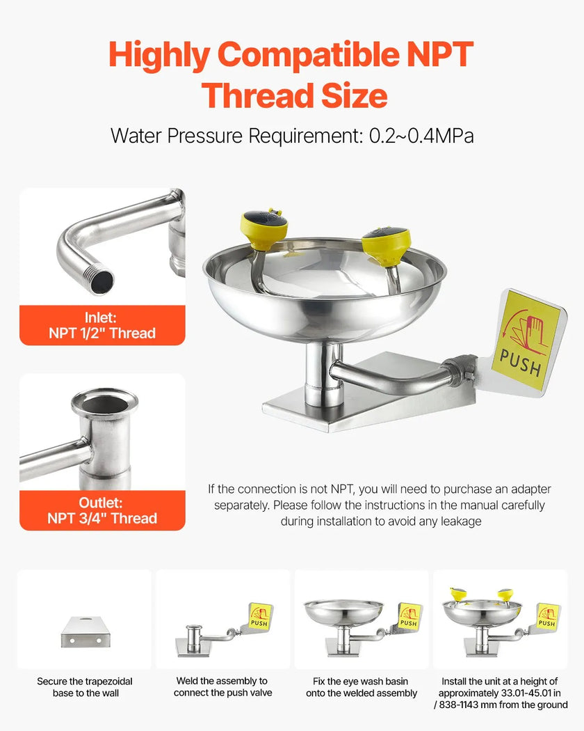 VEVOR Eyewash Emergency Face Eye Washing Station Stainless Steel Wall-Mounted