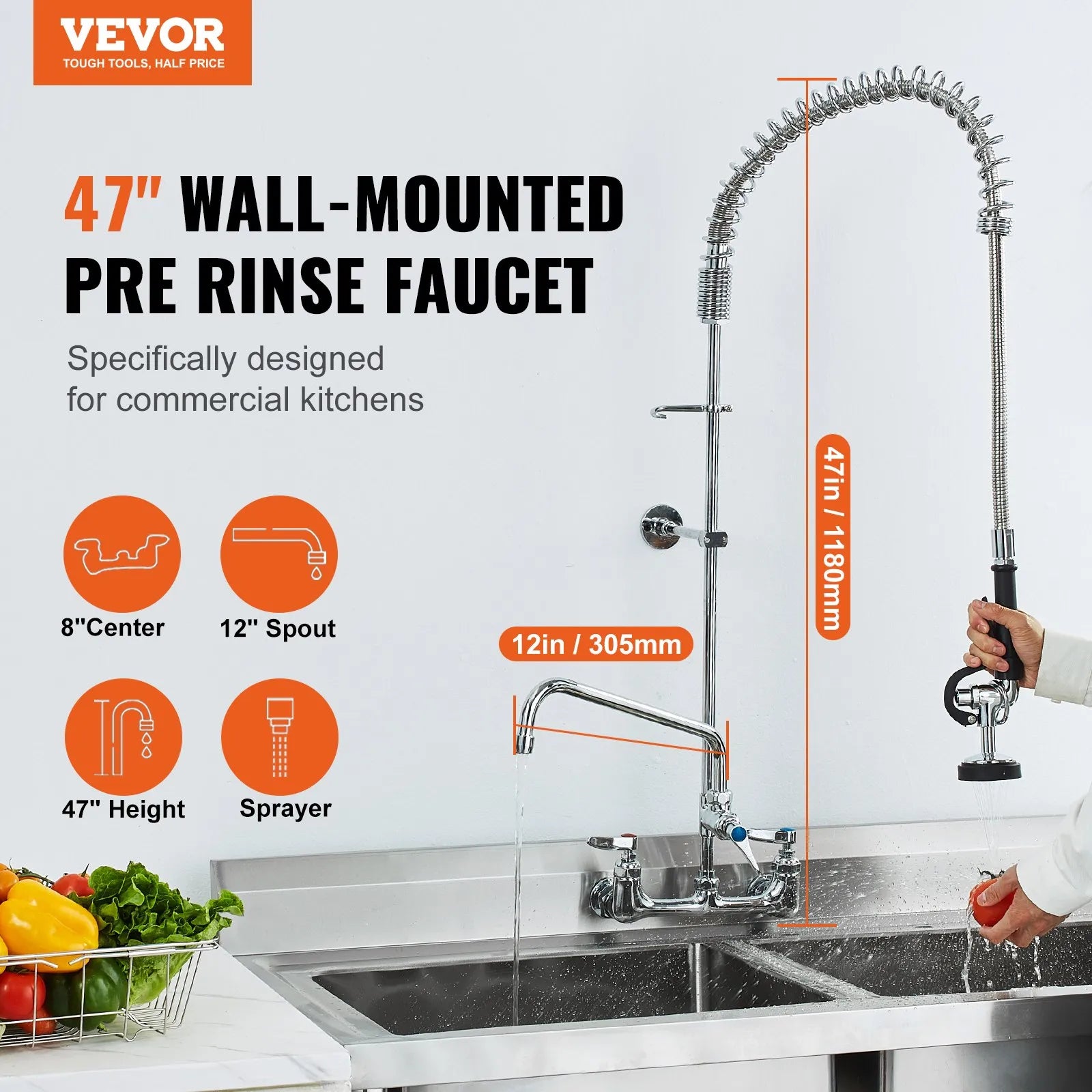 VEVOR Commercial Faucet with Pre-Rinse Sprayer, 47