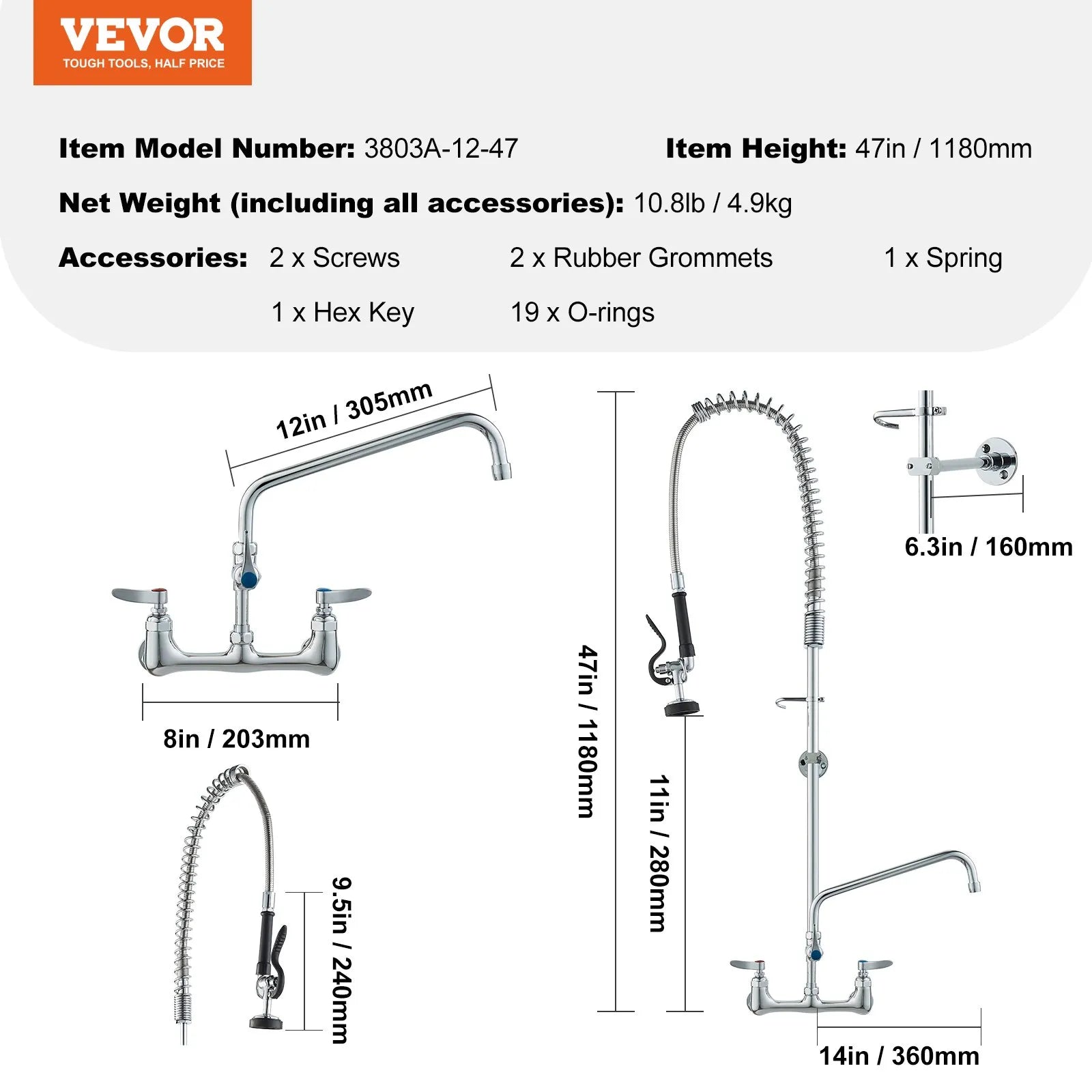 VEVOR Commercial Faucet with Pre-Rinse Sprayer, 47
