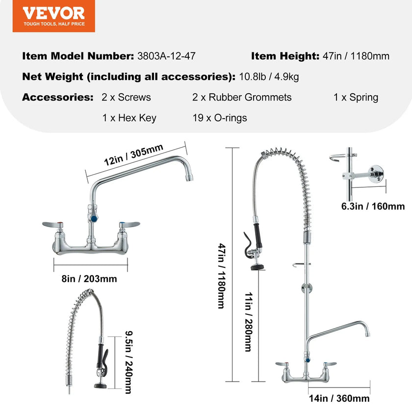 VEVOR Commercial Faucet with Pre-Rinse Sprayer, 47