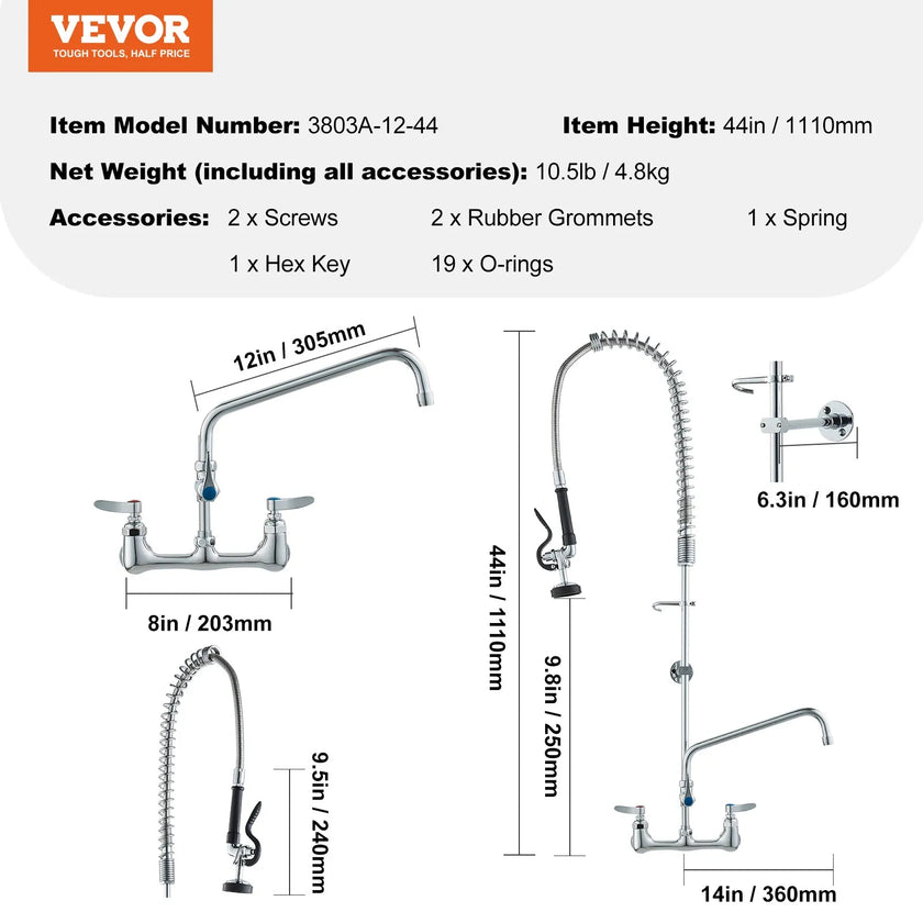 VEVOR Commercial Faucet with Pre-Rinse Sprayer, 44