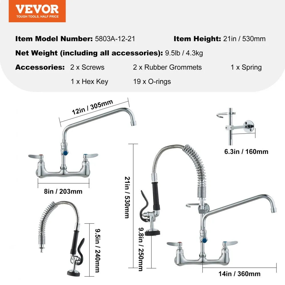 VEVOR Commercial Faucet with Pre-Rinse Sprayer, 21
