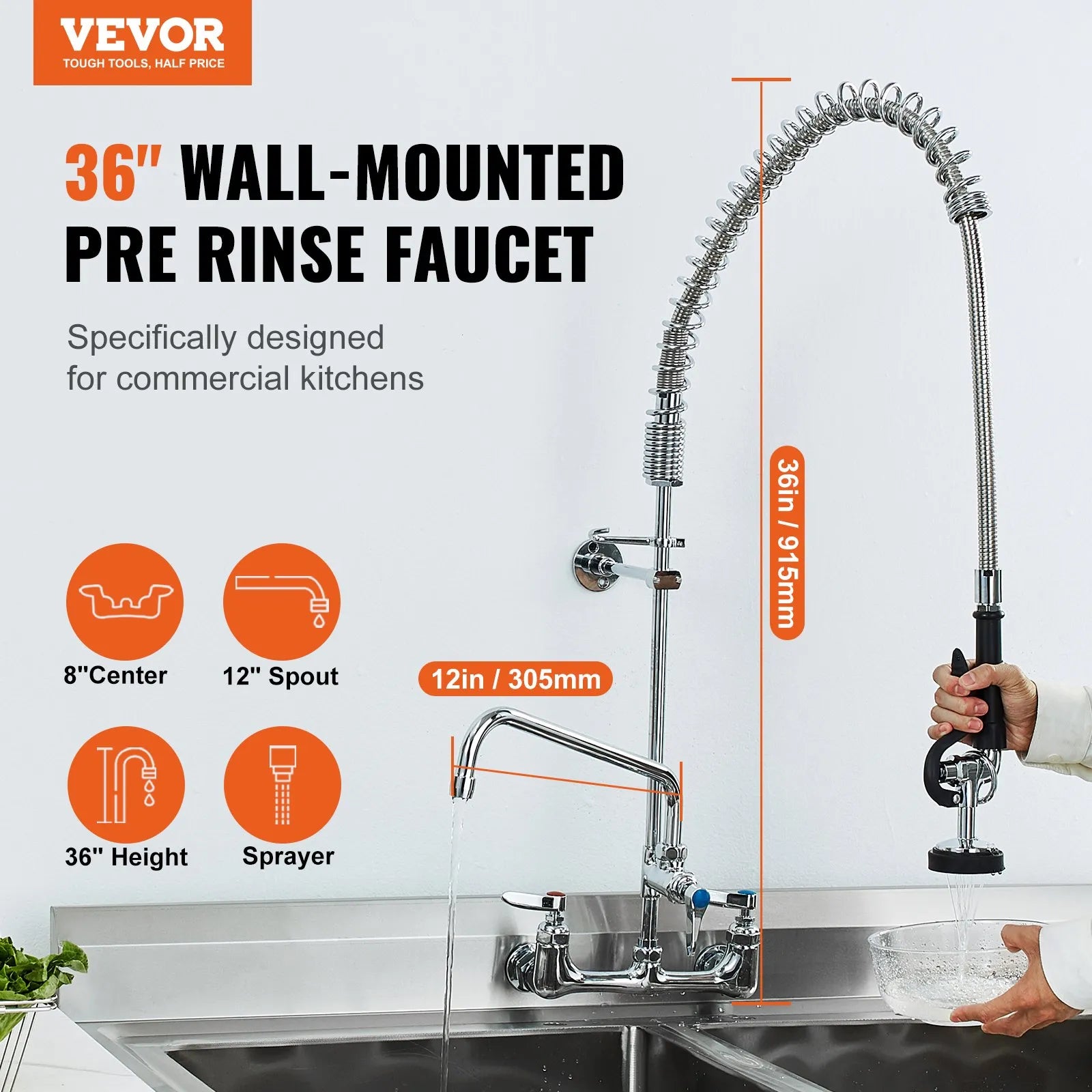 VEVOR Commercial Faucet with Pre-Rinse Sprayer, 36