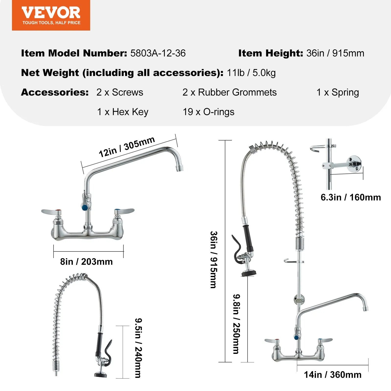 VEVOR Commercial Faucet with Pre-Rinse Sprayer, 36