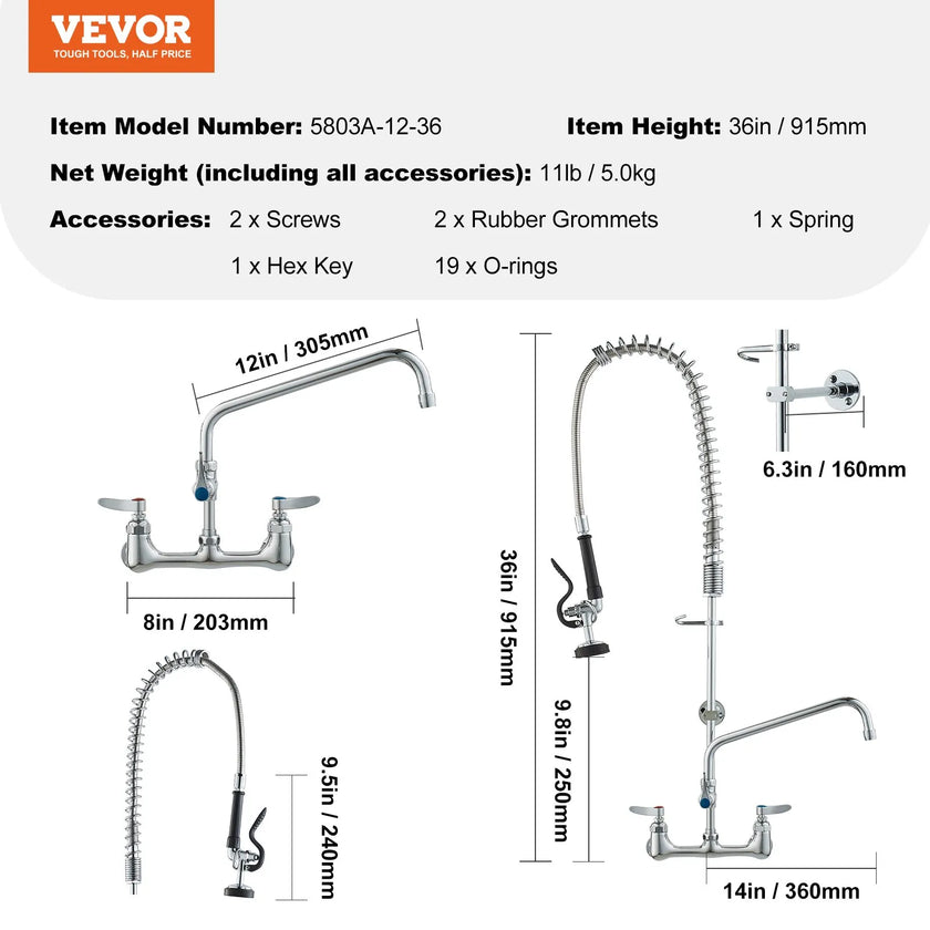 VEVOR Commercial Faucet with Pre-Rinse Sprayer, 36