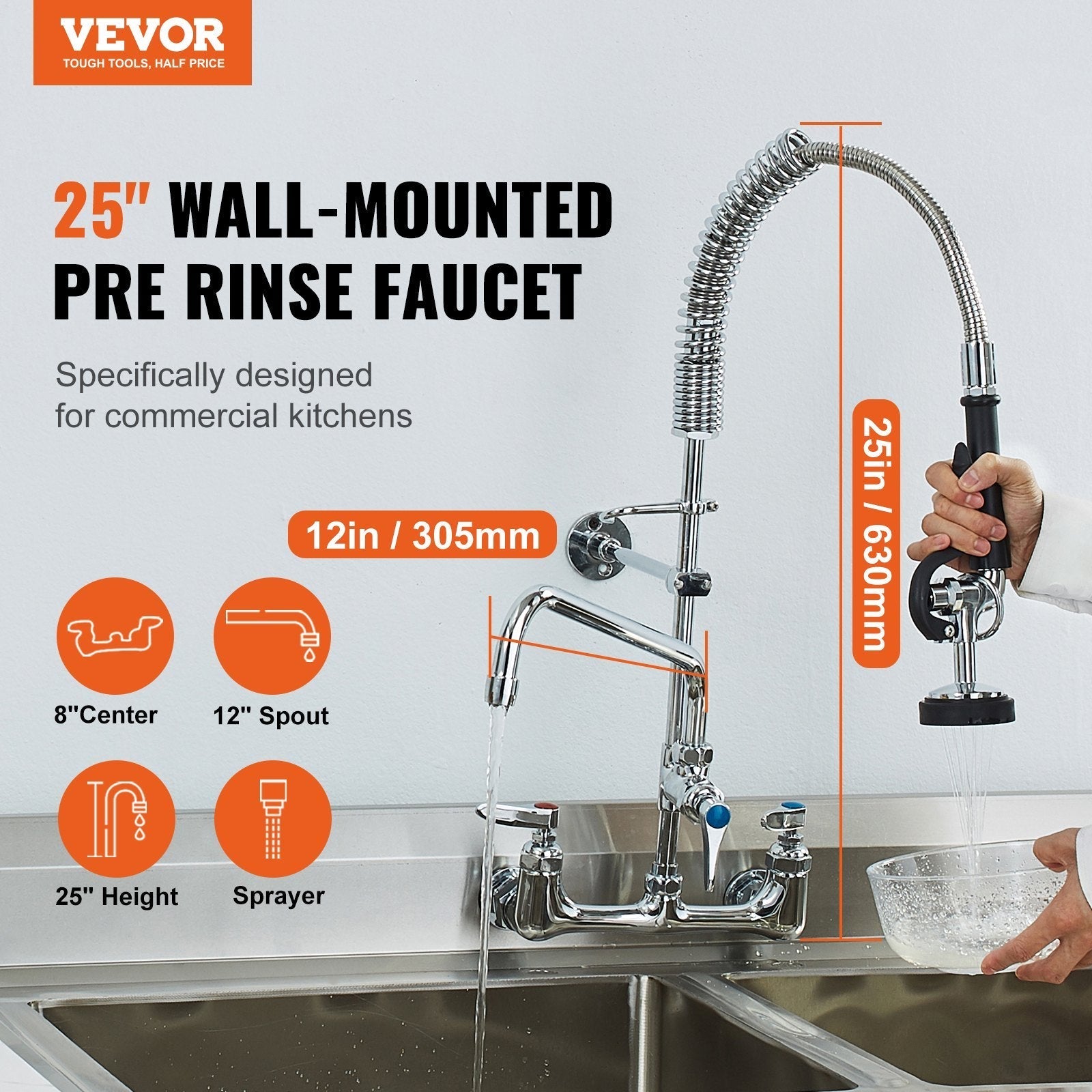 VEVOR Commercial Faucet with Pre-Rinse Sprayer, 25