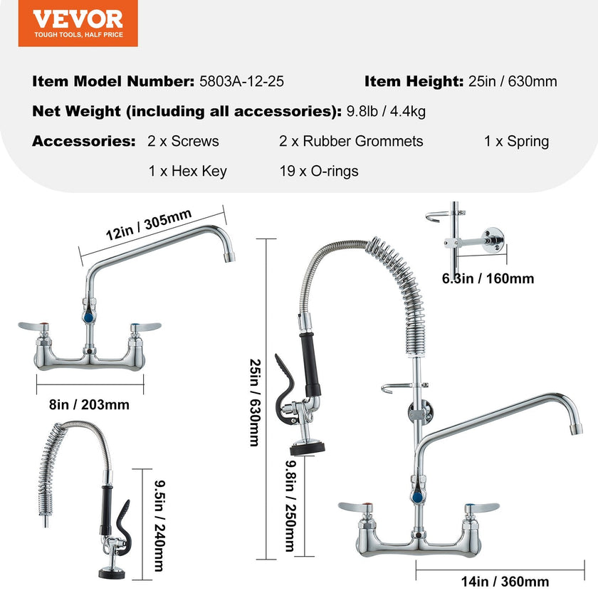 VEVOR Commercial Faucet with Pre-Rinse Sprayer, 25